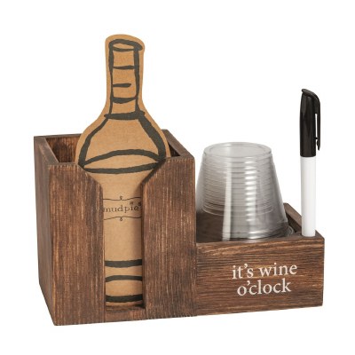 "It's Wine O'Clock" Wood Wine Caddy with Marker by Mud PIe