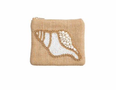 4.5" x 5.5" Tan with White Conch Zip Pouch by Mud Pie