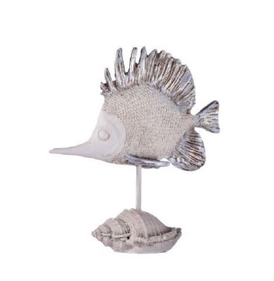 6.5" Antiqued White and Silver Resin Long Nose Fish on Shell Stand