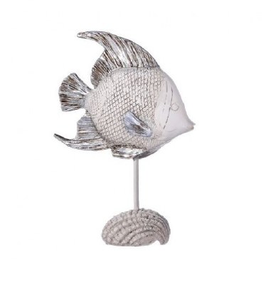 6.5" Antiqued White and Silver Resin Short Nose Fish on Shell Stand