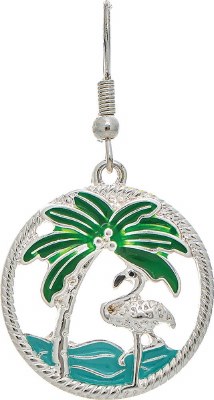 Silver and Multi Color Flamingo With Palm Disk Earrings