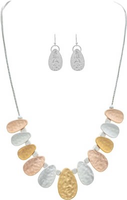Earrings & Necklace Set Matte Tritone Metal Ovals