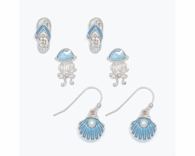 Set of Three Silver and Blue Flip Flops Jellyfish and Clam Earrings