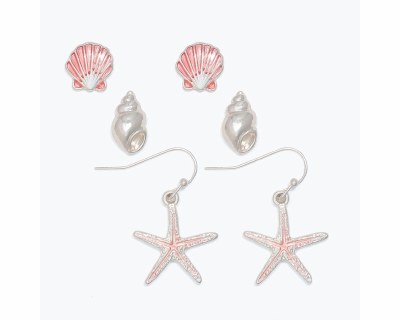 Set of Three Silver and Pink Shell Scallop and Starfish Earrings