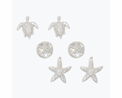 Set of Three Silver Turtle Sand Dollar and Starfish Earrings