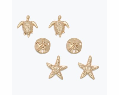 Set of Three Gold Turtle Sand Dollar and Starfish Earrings