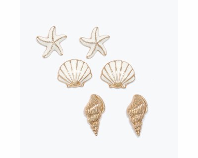 Set of Three Gold and White Starfish and Shells Earrings