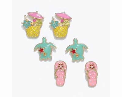 Set of Three Multi Color Flipflops Turtle and Drink Earrings