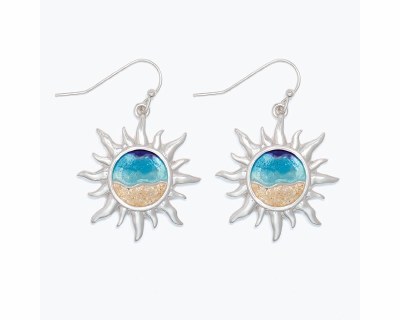 Silver Sun With Beach Scene Earrings