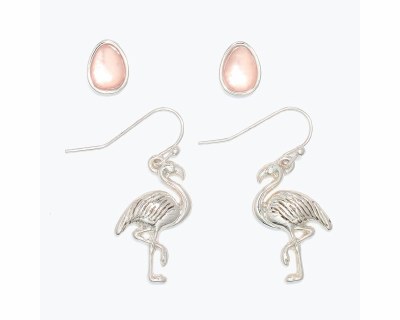 Set of Two Silver Flamingo and Pink Egg Earrings