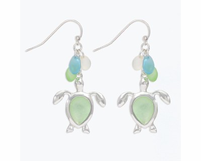 Silver With Green Sea Glass Turtle Earrings