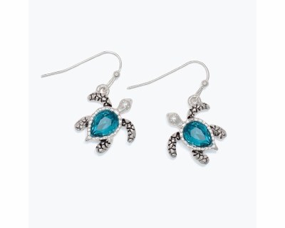 Antiqued Silver With Blue BlingTurtle Earrings