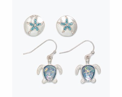 Set of Two Silver With Blue Turtle and Sand Dollar Earrings
