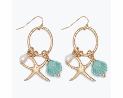 Gold Starfish with Green Ceramic Shell Earrings