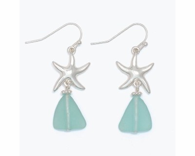 Silver Starfish With Green Sea Glass Bead Earrings