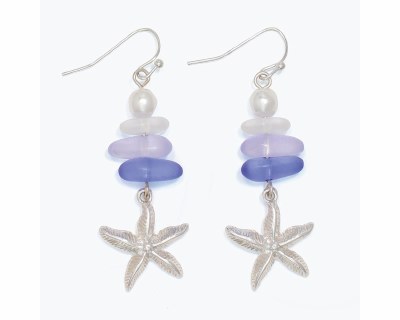 Silver Starfish With Purple Sea Glass Earrings