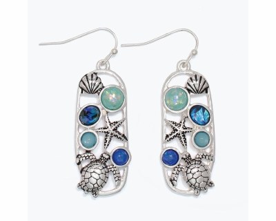 Antiqued Silver and Blue Sea Life Oval Earrings