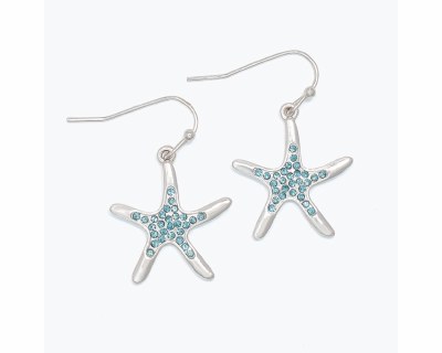 Silver With Aqua Bling Starfish Earrings