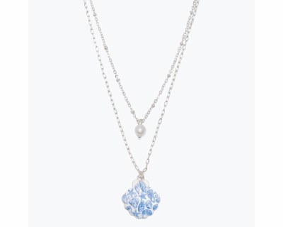 Silver Double Necklace With White and Blue Shell