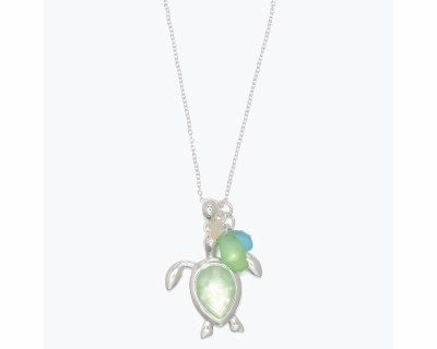 Silver With Green Turtle With Sea Glass Necklace