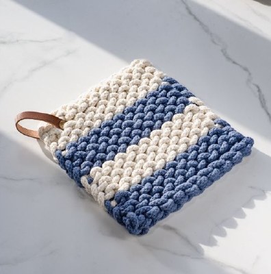 8" Sq Blue and White Stripe Pot Holder