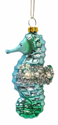 5" Blue and Green Bling Seahorse Glass Ornament