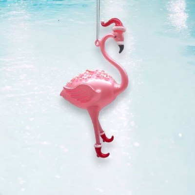 Pink Flamingo With Red Hat Glass Ornamernt
