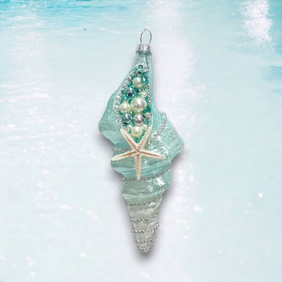 Blue Spiral Shell Beaded Glass Ornament