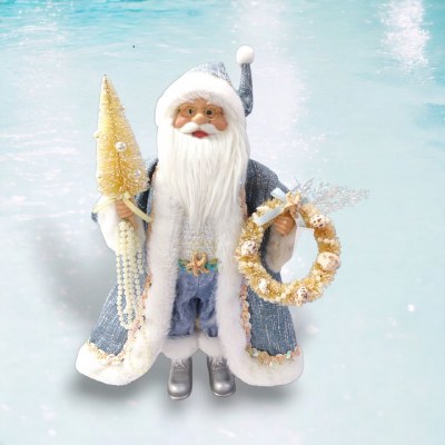18" Blue and White Coastal Santa With Tree and Wreath