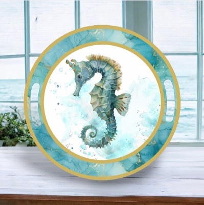 14" Round Blue Green Seahorse Tray With Handles