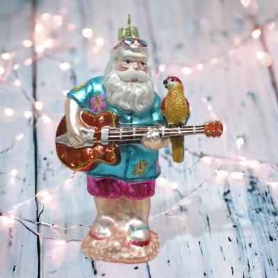 Santa With Guitar and Parrot Glass Ornament