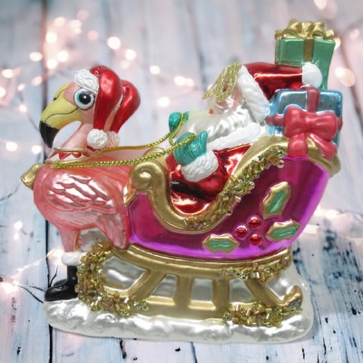 Flamingo Sled With Santa Glass Ornament