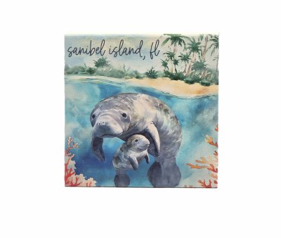 5" Sq "Sanibel Island, FL" Manatee With Baby Wood Plaque