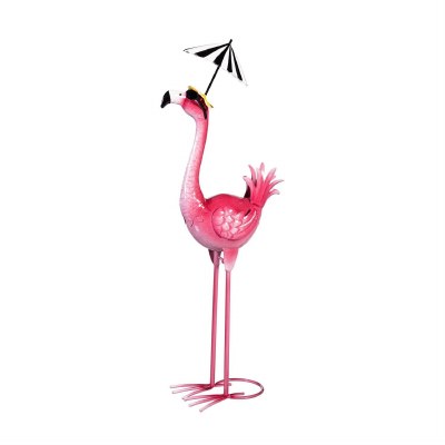 26" Pink Flamingo With Umbrella Garden Statue