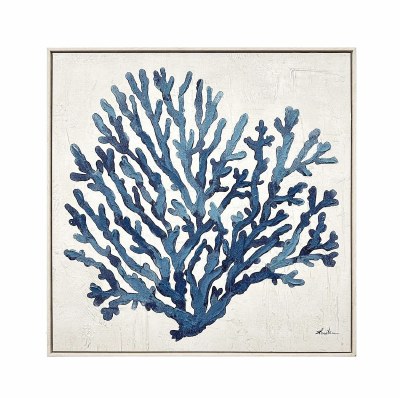 32" Sq Full Blue Coral Framed Coastal Canvas