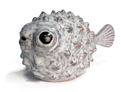 4" Beige and Blue Ceramic Puffer Fish Figurine