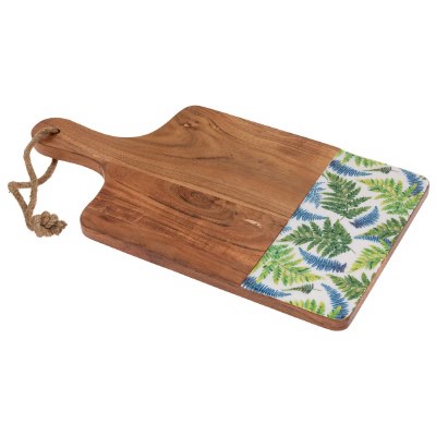 16" Blue and Green Fronds Ceramic and Wood Cutting Board