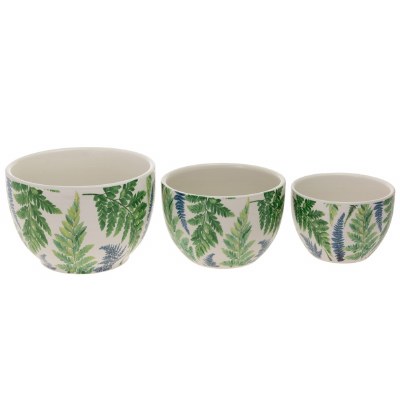 Set of Three Blue and Green Fronds Ceramic Bowls