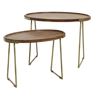 Set of Two 20" Brown Oval With Gold Legs Nesting Tables