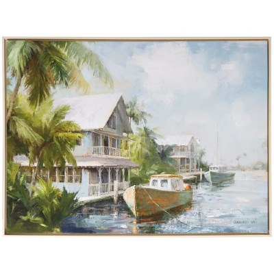 36" x 48" Boats and Houses With Palms Framed Coastal Canvas