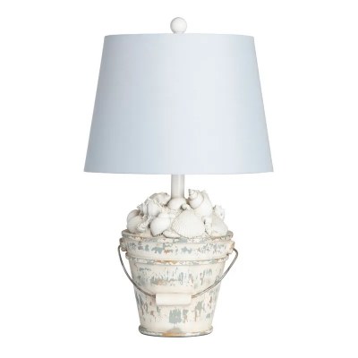 22" Distressed White Bucket of Shells Table Lamp