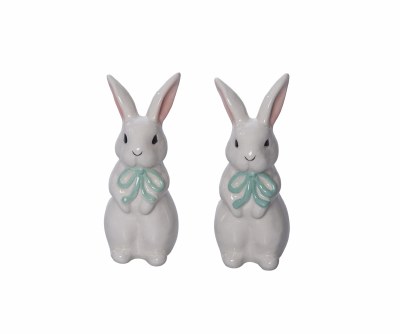 4" White Bunny With Green Bow Ceramic Salt & Pepper Shakers