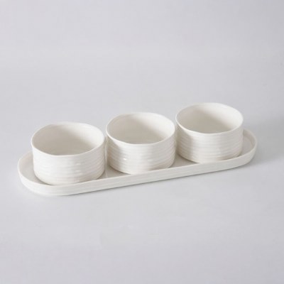 5" x 14" White Rib Porcelain Tray With Three Bowls by Pampa Bay
