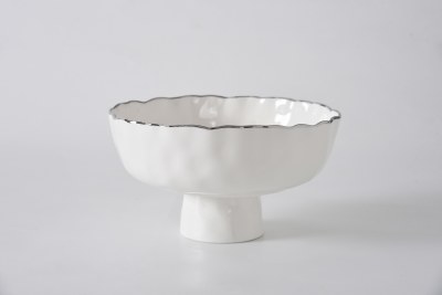 8.5" Round White and Silver Footed Porcelain Bowl by Pampa bay
