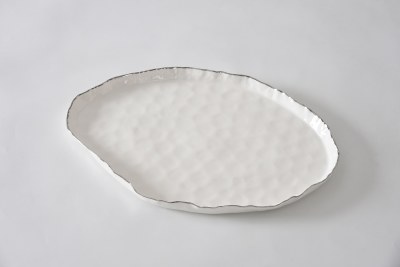 18" Oval White and Silver Porcelain Platter by Pampa Bay