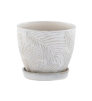 6" White Frond Ceramic Pot With Saucer