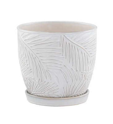 7" White Frond Ceramic Pot With Saucer