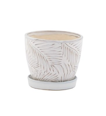 4.5" White Frond Ceramic Pot With Saucer