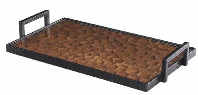 10" x 17" Black and Brown Wood Glass and Metal Tray