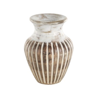 11" Brown and White Wash Ribbed Wood Vase